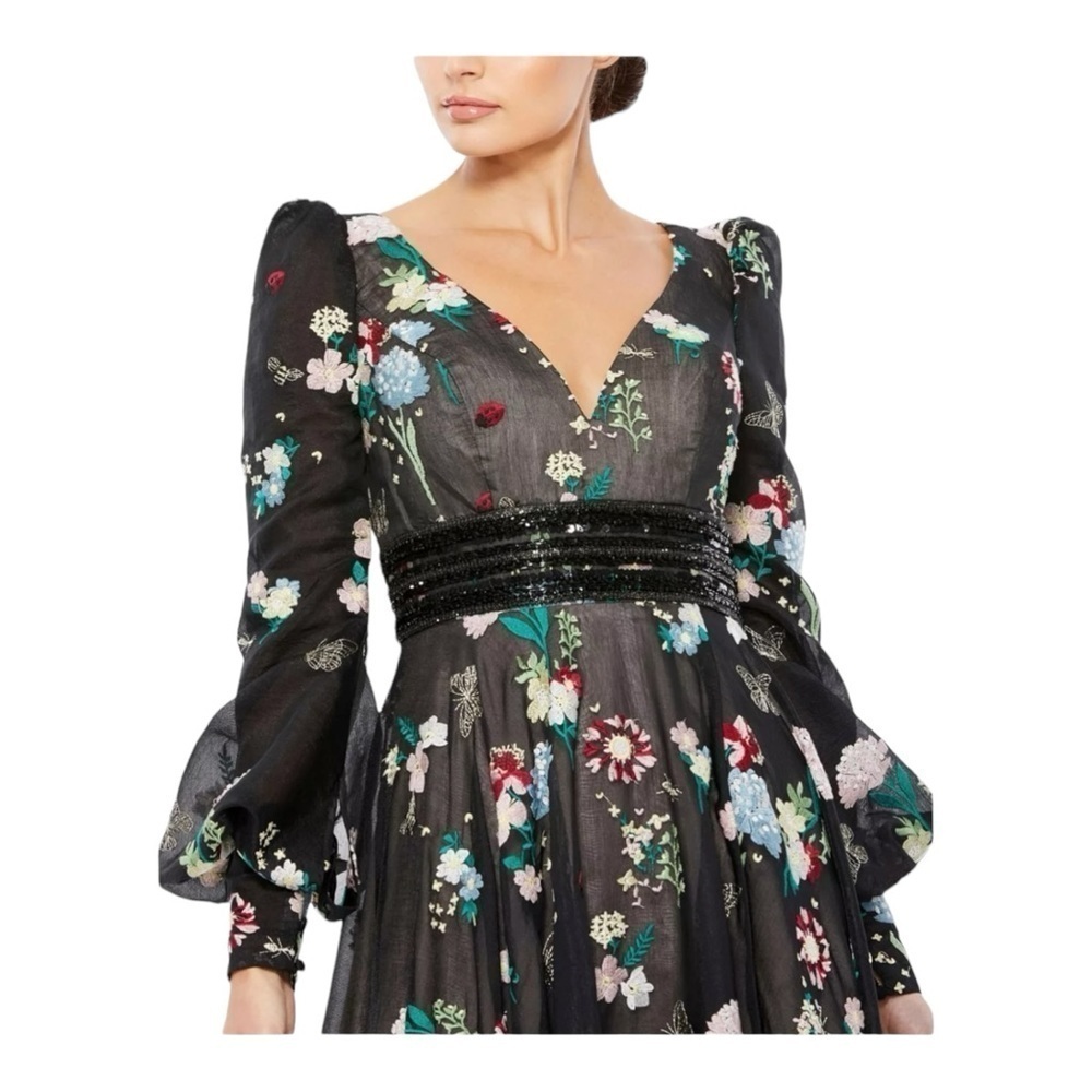 Mac Duggal Embroidered Bishop Sleeve V Neck Flowy Gown Size 10 NWT - Picture 2 of 7